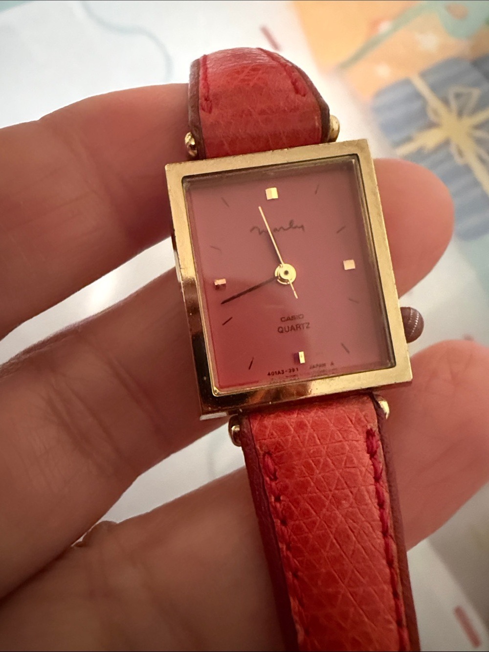 Marly VTG Casio Women's Gold-Tone Square Case Watch with Red Dial and Red Strap